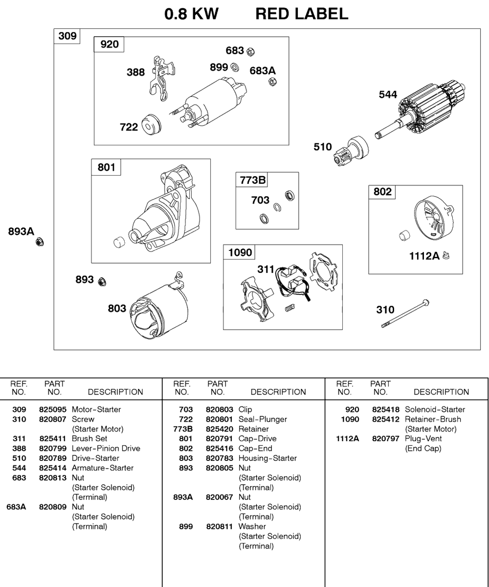 Starter Motor 0.8kw Red Label Diagram and Parts List for 437447-0105-XX  Briggs and Stratton Engine